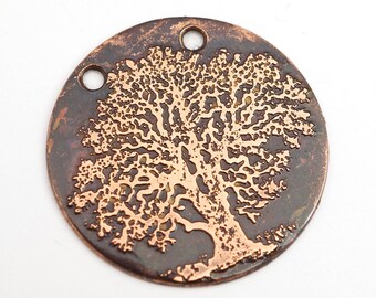 Etched copper tree necklace focal point, two hole component, 25mm