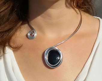 Statement Necklace, Wrap Choker, Black Stone Necklace, Silver Necklace, Gift For Her, Adjustable Necklace, Open Necklace, Charm Necklace.