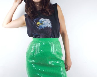 Vintage High Waisted Lime Green Sequined Pencil Skirt -- Size 27