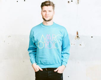 Vintage Mens Sweatshirt . Graphic Print 80s Sweater Blue Marco Polo Oldschool Skater Sports Sweater Crew Neck Sweatshirt . size Medium M