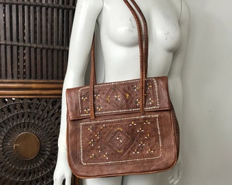 Vtg 70s moroccan brown leather embossed painted shoulder bag purse
