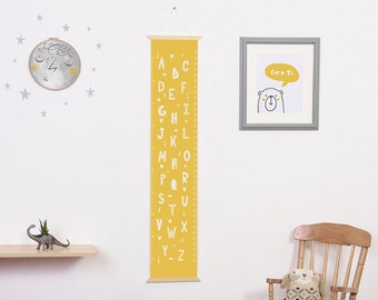 Canvas height chart, yellow alphabet print, kid's growth chart, nursery wall hanging, giclee print, centimeters and inches.