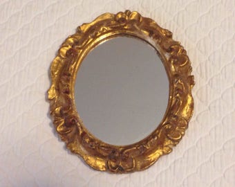 Vintage 7x6" Oval Italian Gold Gilt Hollywood Regency Ornate Mirror