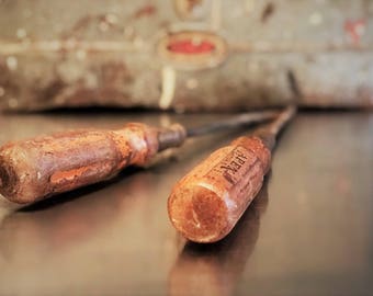 Two Long Vintage Wooden Handled Screwdrivers - 12 Inch - Flat Blade and Phillips Tip