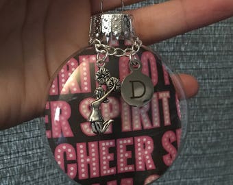 Custom Glass Ornament, Cheerleader Megaphone Themed Paper, Cheerleader Charm, Initial Charm, Cheer Christmas Ornament Gift