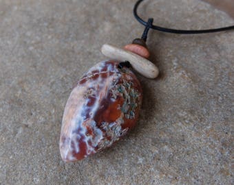 Large natural Carnelian, pebble, sea glass, fossil pendant necklace - ethical gem stone jewelry handmade in Australia. macrame jewellery
