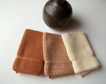 Dishcloths Knit in Cotton in Calfskin and Off White, Dish Cloth, Knit Washcloth, Wash Cloth