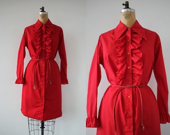 vintage 1970s dress / 70s shirt dress / 70s ruffled shirt dress / 70s tuxedo ruffle dress / 70s red shirt dress / large