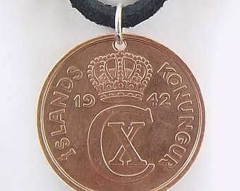 1942 Iceland Coin Necklace, 5 Aurar, Coin Pendant, Leather Cord, Mens Necklace, Womens Necklace, Vintage