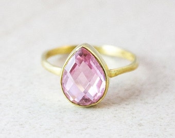 Gold Pink Quartz Ring - Princess Pink Quartz - Teardrop Stacking Ring