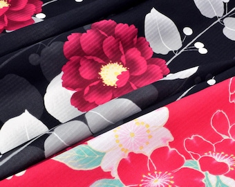 Fabric Japanese kimono red black white floral polyester x 50cm