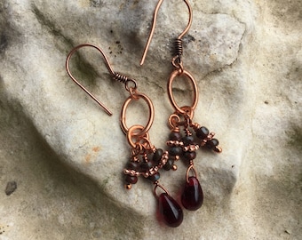 Copper and garnet glass chandelier earrings
