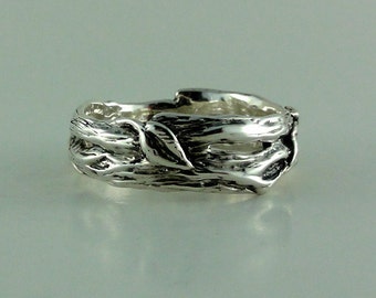 Sterling Silver Leaf & Twig Wedding Band, Tree Branch Ring, Leaf Ring, Twig Ring, Twig and Leaf Ring, Mens Wedding Band, Branch Band