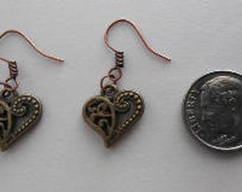 Antique Bronze Hollow Heart Earrings or Corded Necklace