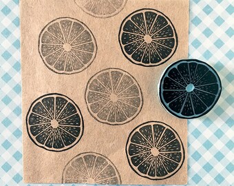 Lemon rubber stamp, hand carved, citric fruit stamp, summer