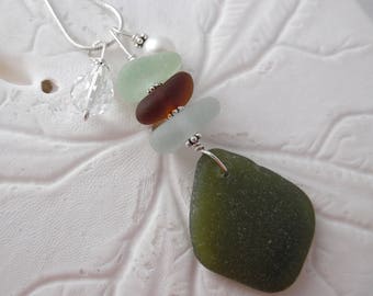 Stacked Sea Glass Necklace Pendant Green Beach Jewelry Sterling
