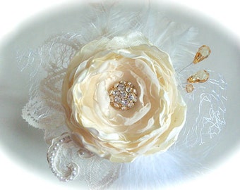 Ivory flower, bridal hair flower, lace flower,hair clip, weddings accessories,bridal hair fascinator, headpiece, pearls, rhinestones.