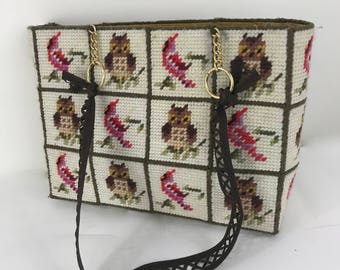 Vintage Needlepoint Tote/Handbag with an Owl and Cardinal Motif/70s Needlepoint Craft Bag