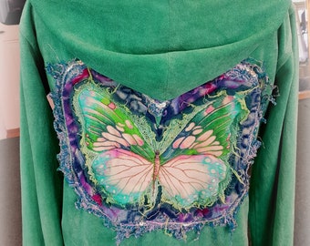 turquoise butterfly Hoodie-fantasy fairy sweater, festival wear,upcycled sweater