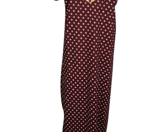 Maroon Maxi Caftan Short Sleeves Neck Embroidered Cotton Boho Fashion Comfy Kaftan Nightgown House Dress L
