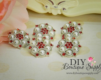 Red Rhinestone & Pearl button Acrylic Flower centers Baby Headband Supplies 5 pcs 25mm 086040