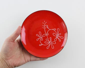 Vintage Copper Enamel Plate - Red Plate White Flowers - Mid Century Modern Catch All Dish