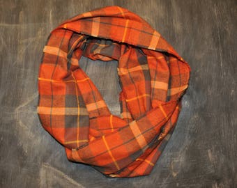 Women's Plaid Infinity Scarf, Orange Plaid Scarf, Chunky Frayed Scarf