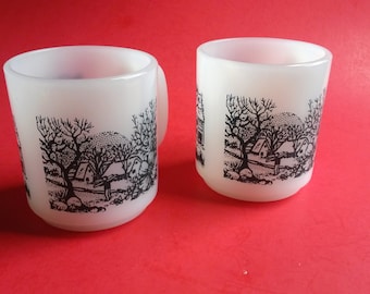 Vintage Glasbake Milk Glass Mugs , Glasbake Country Scene Mugs
