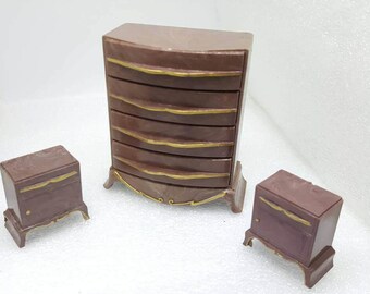 Plasco Vanity Highboy Dresser and Bed tables Toy Dollhouse Traditional Style 1944 Brown Drawers open Bedroom furniture