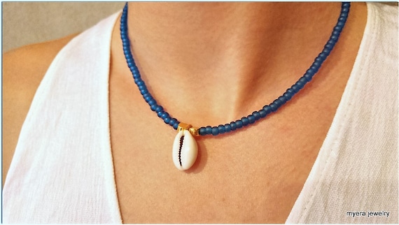 Shell Necklace, Cowrie Necklace, Blue Necklace, Beach Jewelry, Surfer Necklace, Seashell Jewelry, Summer Jewelry, Dainty Necklace