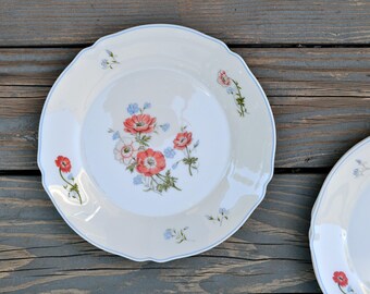 80s 90s Set of 3 Dinner Plates Arcopal France Paradise Poppies Dinner Plates Orange Flower Blue Bands Scalloped Edge Break Resistant