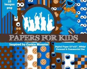Digital Papers, Cookie Monster, Sesame Street, Background, Kids, Birthday, Clipart, Papers for kids