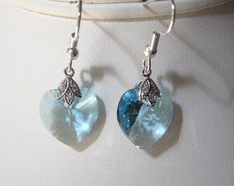 Aquamarine Swarovski Crystal Earrings - Dangle Earrings in Crystal Hearts, Perfect for a Wedding, Bridal, Bridesmaid, Prom, Formal, Elegant
