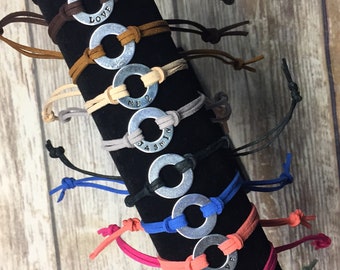 Custom Word Bracelet, Name Bracelet, Washer Bracelet, One Word Bracelet, Hand Stamped Washer, Intent Bracelet, Word Bracelet, Washer, Custom