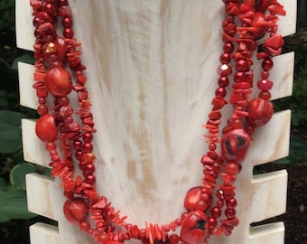 Red Coral and Glass Torsade Necklace