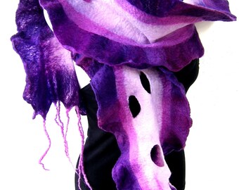 Felted Scarf Ruffle Wavy, Purple Orchid Pink White, Felt Scarf With Tassels and Holes, Merino Wool