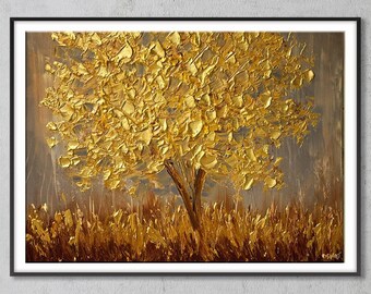 Custom Floral Oil Painting | Golden Tree in a Golden Field | Autumn Vibe | 80 by 60 cm | 31.49 by 23.6 inches | Medium Large Oil Painting