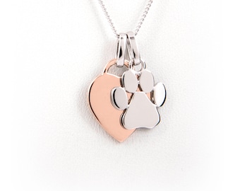 Engraved Paw Print Charm Rose Gold Plated Heart Necklace - Dog Lover Gift - Paw Print Jewelry -Paw Print Necklace -Dog Lover Gift -Pet Lover