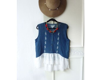 Upcycled denim top - white eyelet trim- size large XL - high low top- Boho top- Country chic top- vintage lace
