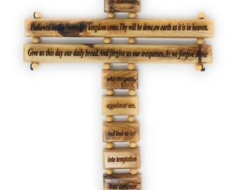 Lord's Prayer in English Christian Wall Cross - Handmade and Hand Carved From Grade A Olive Wood of The Holy Land (15" x 9" x 1")