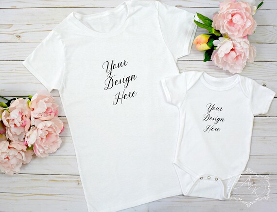 Download Mommy and Me White T-shirt and Onesie Product Mock up White