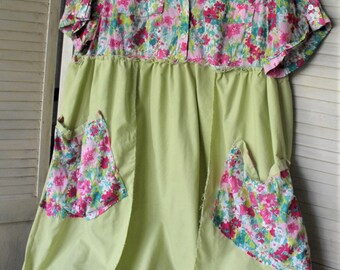 Funky Spring Frock/ Spring Green-Floral/ Plus Size Dress/ Romantic Chic/ Farmhouse Chic/ Casual Comfort/ 2X Dress/ Sheerfab Handmade