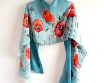 Poppy silk scarf Hand painted silk shawl Gray scarf Red poppies scarves Summer scarves Handpainted Flowers shawl Women scarves gift for mom