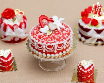 MTO-Cupid and Hearts Valentine's Swirls Cake - Miniature Food in 12th Scale for Dollhouse