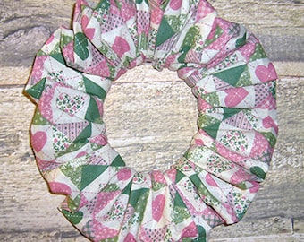 Heart Quilt Patchwork Print Hair Scrunchie, Holiday Ponytail Holder, Fabric Hair Tie