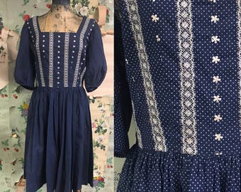 Vintage 1950s Alison Ayres Blue Swiss Dot Embroidered Cotton Day Dress. Medium. Fit and Flare. Copperhive Vintage.