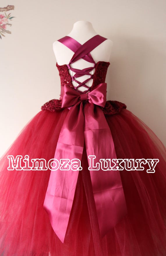 Burgundy Flower Girl Dress, burgundy bridesmaid dress, couture flower girl gown, bespoke girls dress, tulle princess dress, burgundy tutu