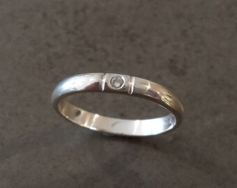 Minimalist Moissanite Engagement Ring - Silver - Thin Simple Ring, Small Stone, Stacking Ring, Flush Set