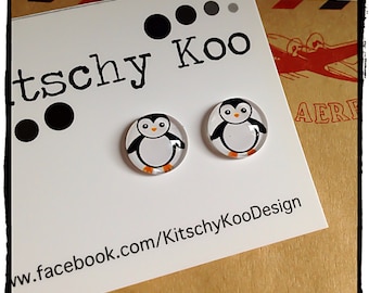 Glass Penguin Earrings. Studs, glass tile, hypoallergenic for sensitive ears
