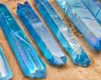 Blue Aqua Aura Crystal Quartz Point - Hand Cut Natural Stone Point for Crystal Grids or Terrarium 327